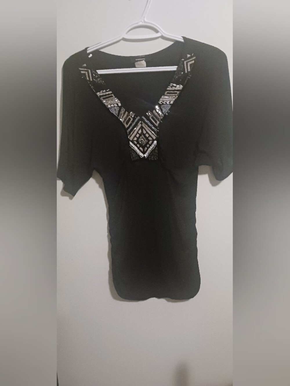 Ambiance Apparel Black Dolman Sleeve Beaded V-Neck Top Small